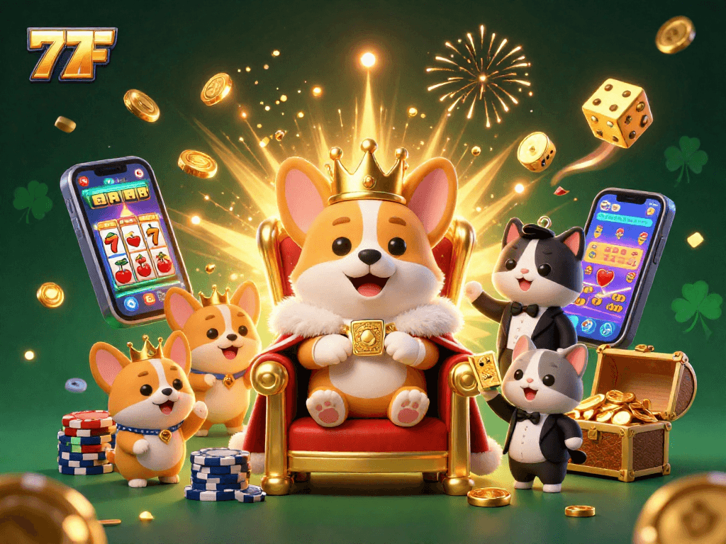 Atraia a sorte com 77F em uma cena de cassino vibrante apresentada por um corgi real e um mordomo gato.