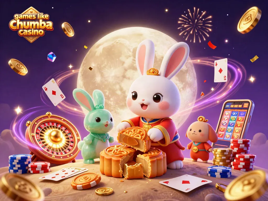 Experience games like Chumba Casino with a vibrant 3D illustration of a moon rabbit surrounded by luck.