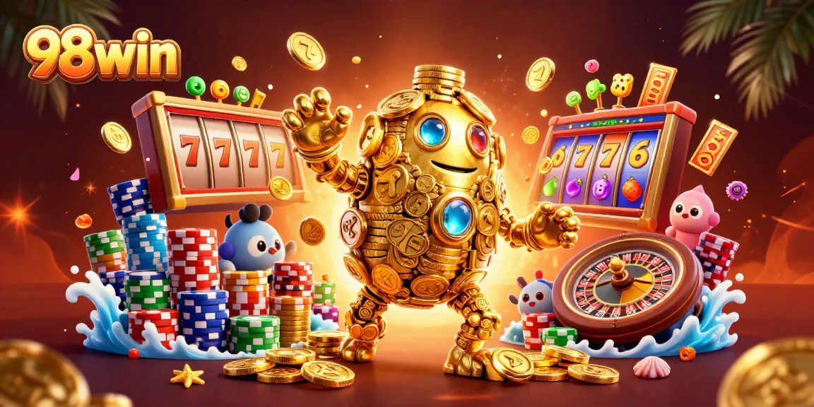 Spin the reels at 98win casino with vibrant slot machine golem and poker elements.
