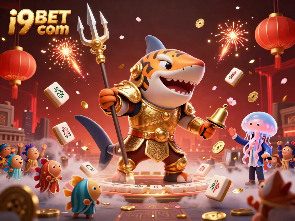 Engage in thrilling 3D casino action with i9BET com, featuring a fierce tiger shark and festive elements.