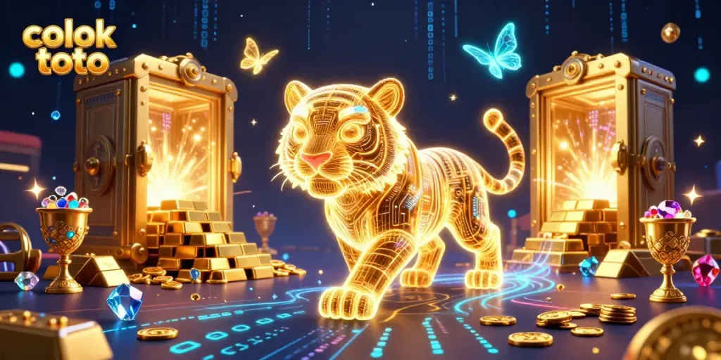 Experience the exciting world of colok toto with vibrant casino visuals featuring a golden light tiger in a treasure-filled landscape.