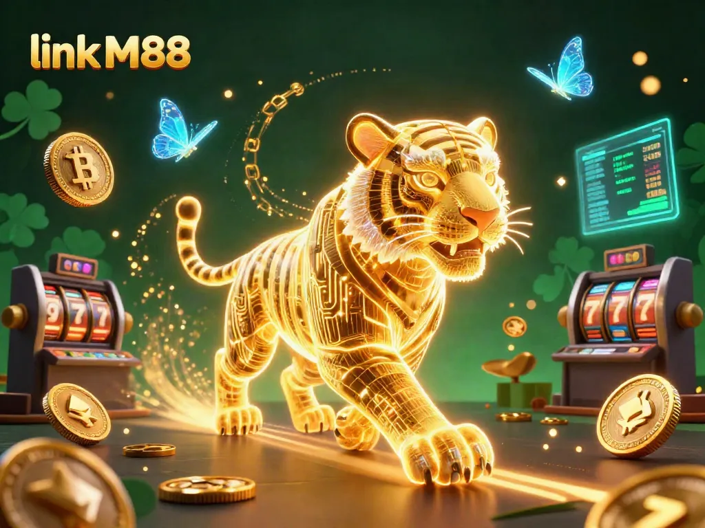 Experience the excitement of link M88 with a neon golden tiger in a vibrant digital casino landscape.