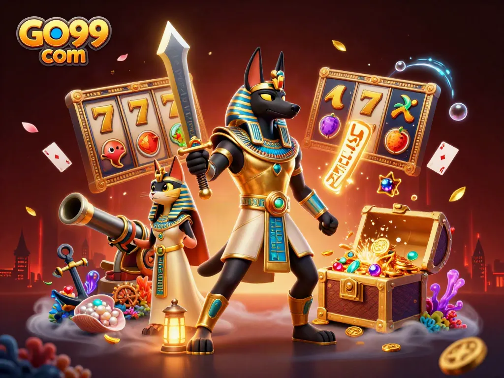 Engage in exciting games with GO99 com featuring dynamic slots scene with Anubis and Bastet.