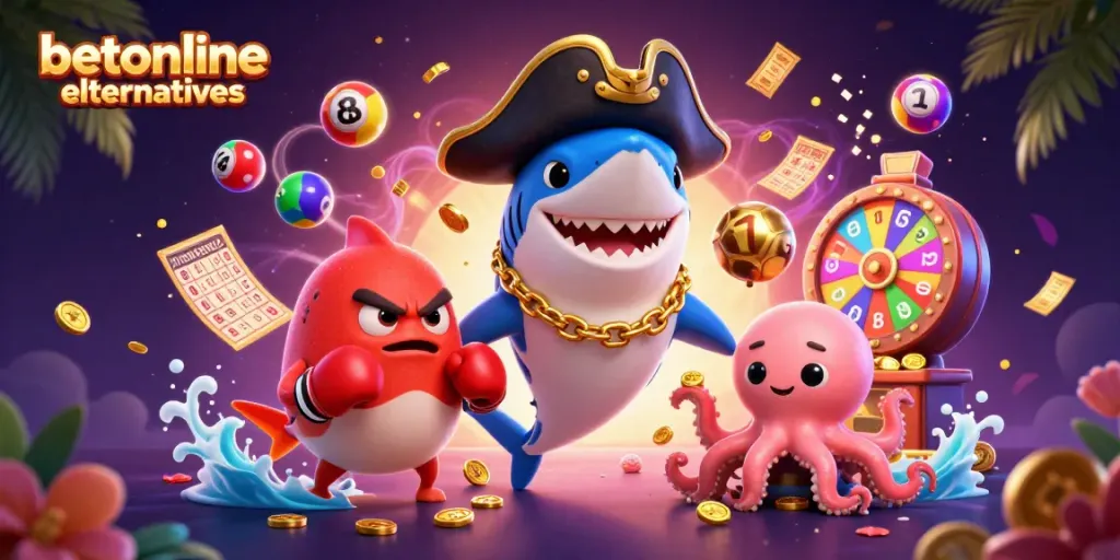 Experience the excitement of betonline alternatives with animated casino characters surrounded by vibrant game elements.