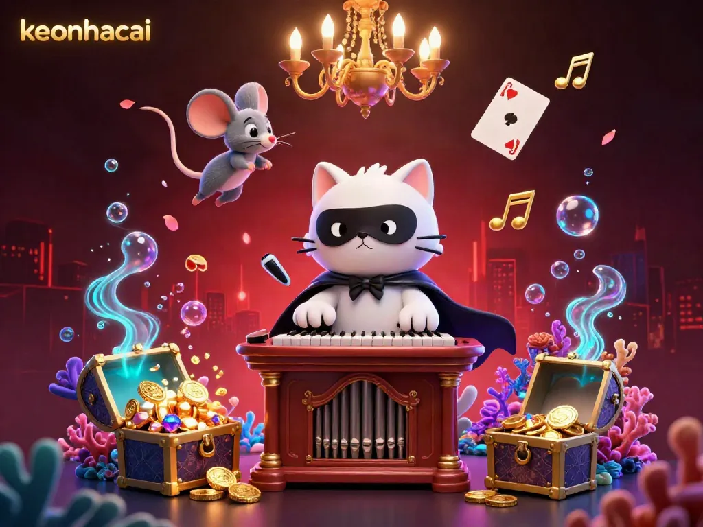 Experience the excitement of keonhacai with a vibrant casino scene featuring a whimsical phantom cat and wondrous treasures.