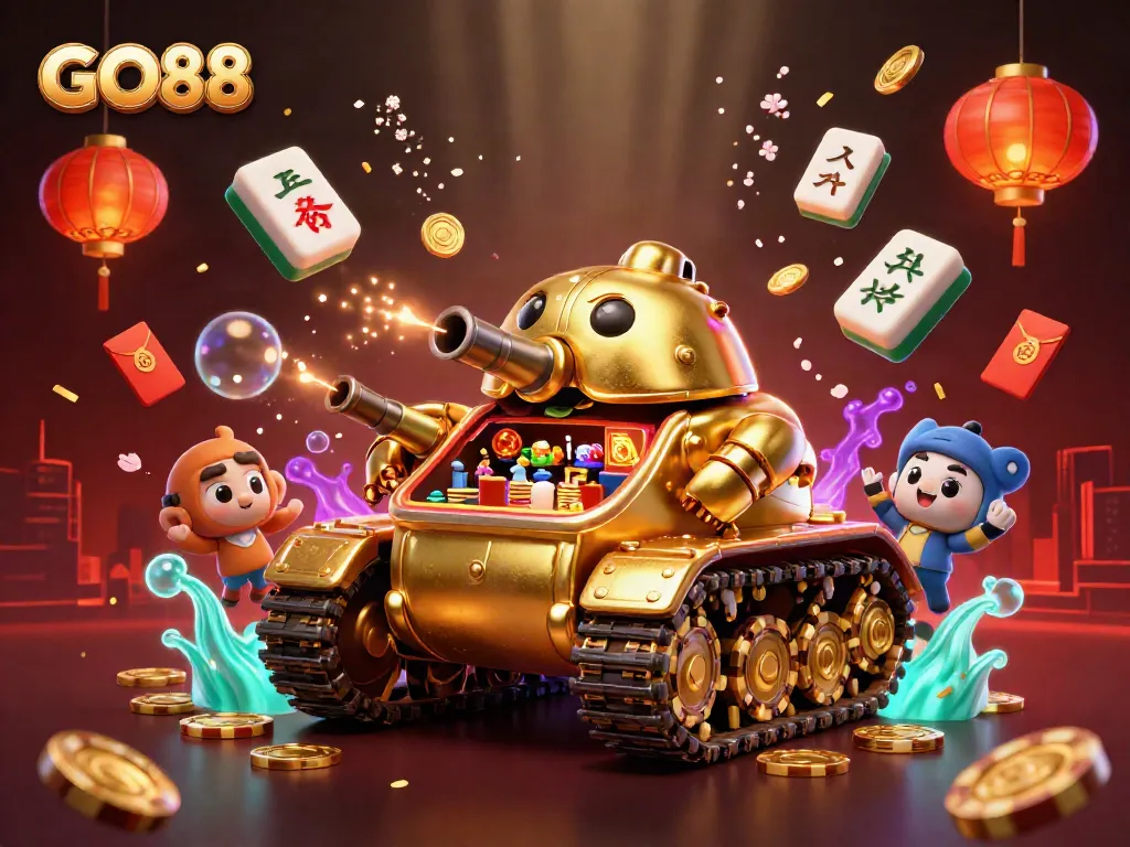 Engage in thrilling gameplay at GO88 with a vibrant 3D illustration of a casino-filled beetle tank.