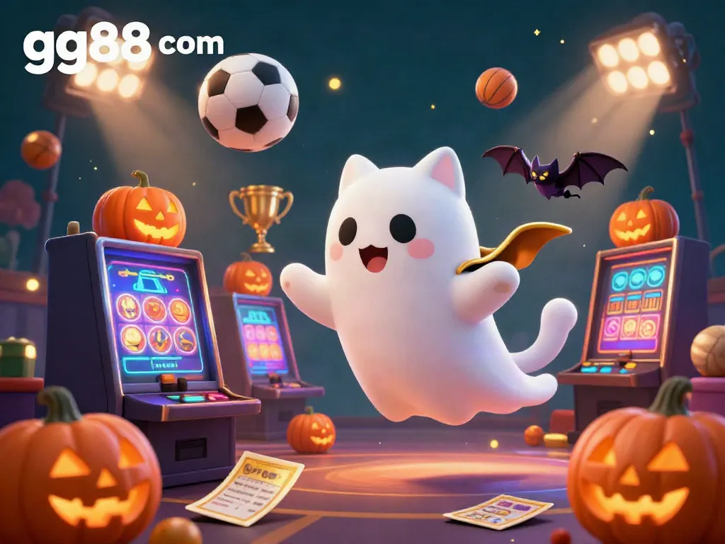 Engage with thrilling gameplay at gg88 com, showcasing a ghost cat in an energetic casino scene surrounded by sports elements.