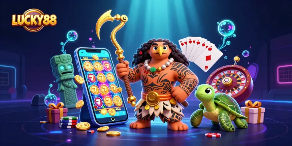 Experience LUCKY88's thrilling game features with vibrant casino elements and magical characters.