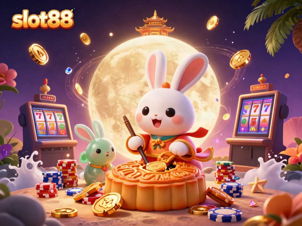 Slot88 menampilkan kelinci bulan dengan poker chip, dan elemen kasino menarik lainnya.