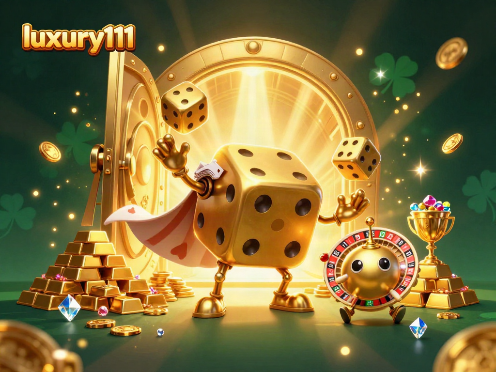 Engage with luxury111: a dynamic 3D scene featuring golden dice, treasures, and casino elements.