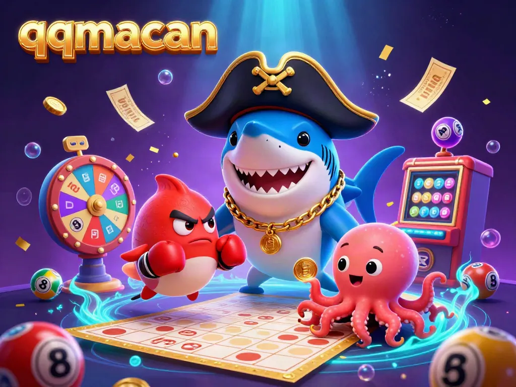 Engage in fun games at qqmacan with exciting characters amidst vibrant lottery elements and underwater visuals.