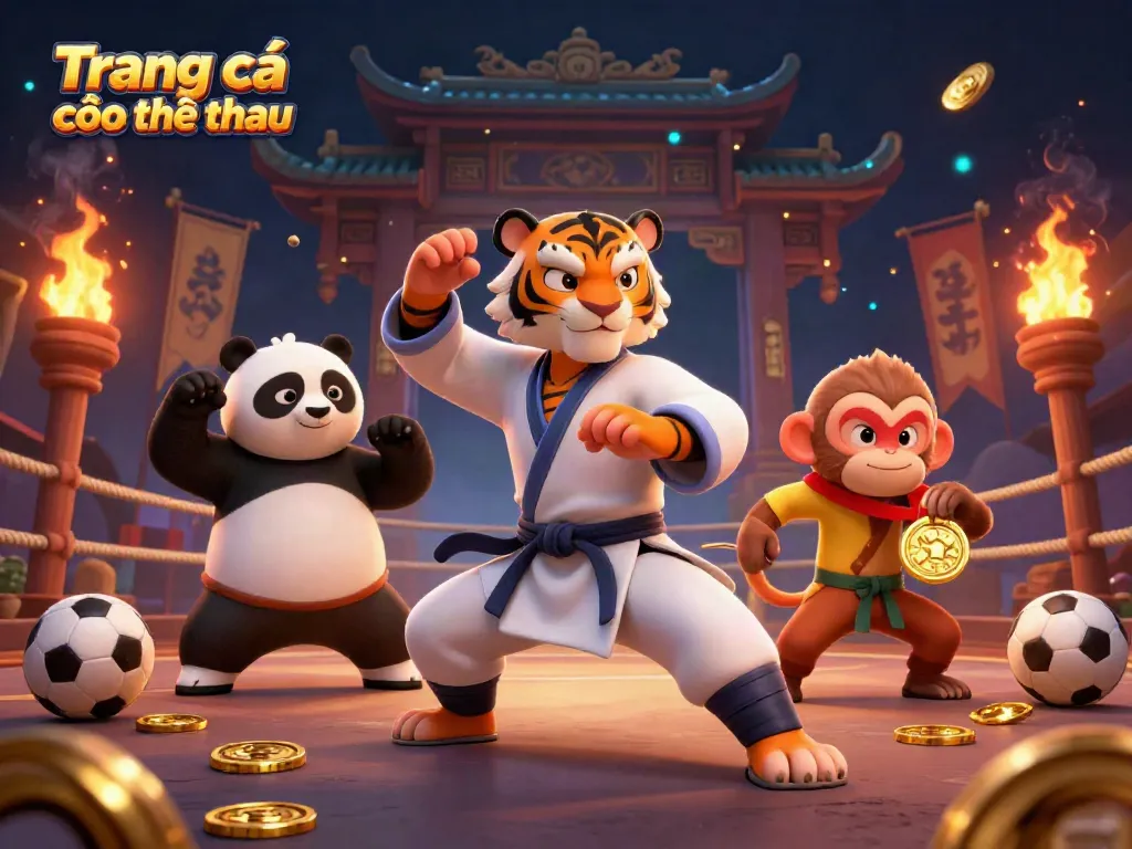 Engage with Trang cá cược thể thao through an energetic depiction of sports betting excitement featuring kung fu characters.