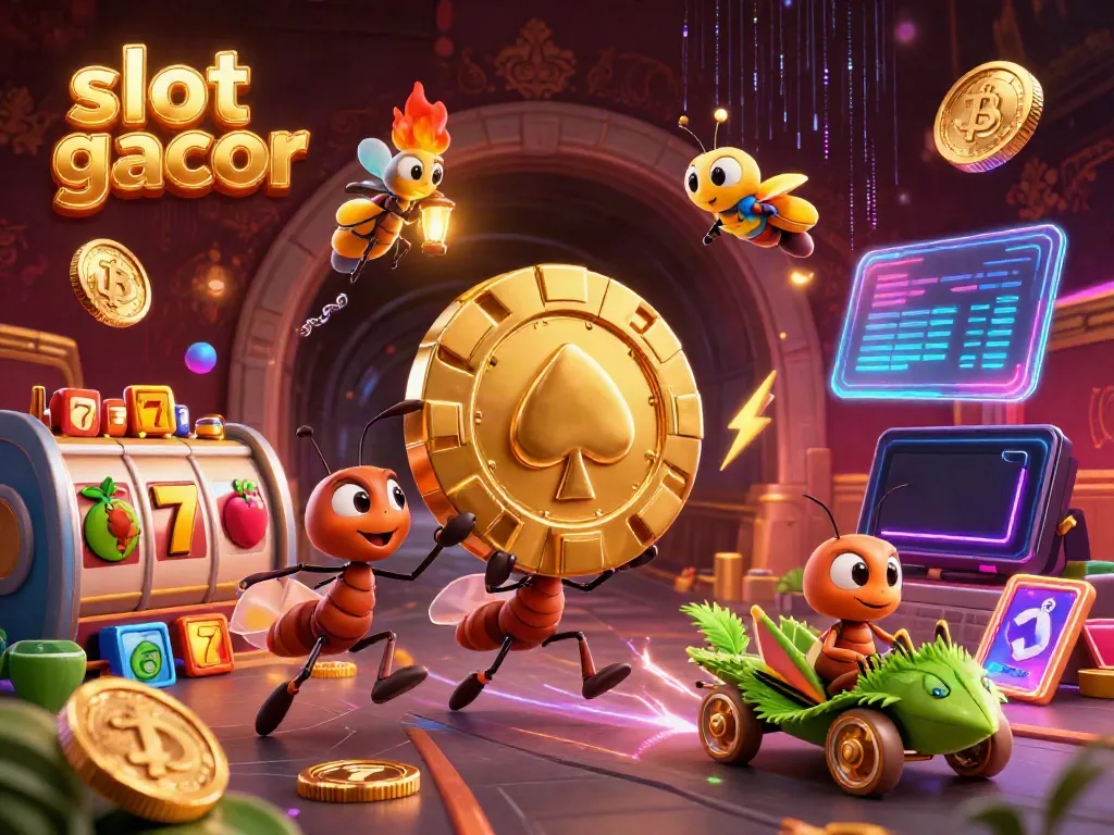 Experience excitement with slot gacor as cartoon ants navigate a golden poker chip heist, boosted by crypto elements.