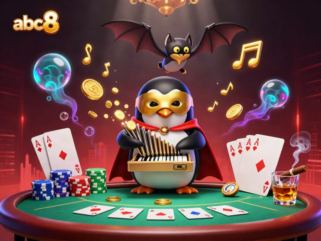 Experience thrilling gameplay at abc8 with a 3D illustration showcasing a whimsical penguin and dazzling casino elements.