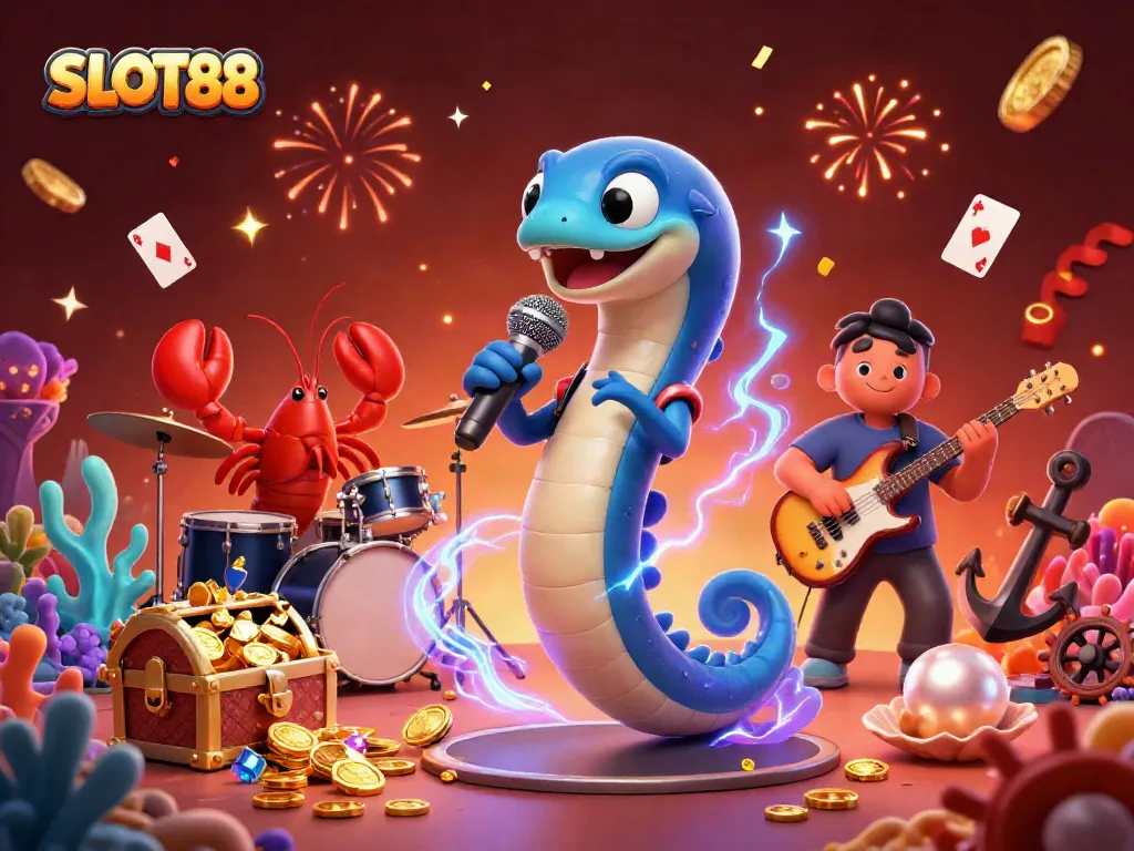 SLOT88 showcases an electric eel DJ performing at an underwater casino with vibrant treasure elements.