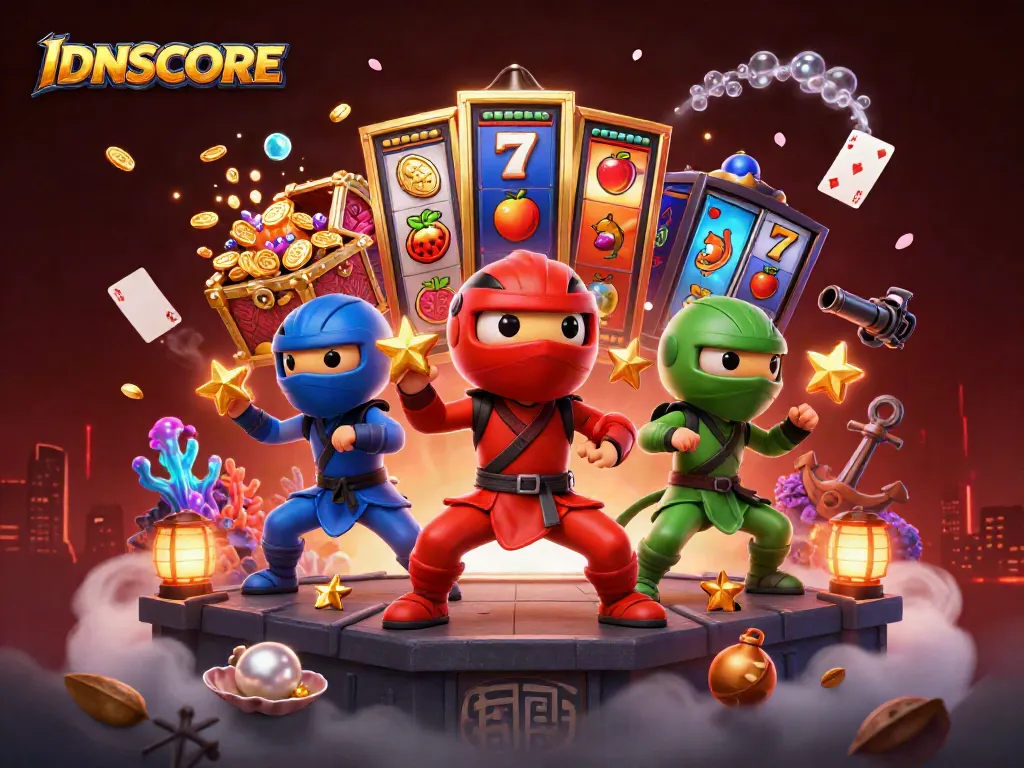 Experience thrilling gaming action at IDNSCORE with vibrant slot reels and dynamic Ninja Chameleons.