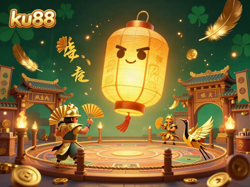 Engage with ku88's gaming adventures, featuring a vibrant casino scene with a glowing lantern spirit!