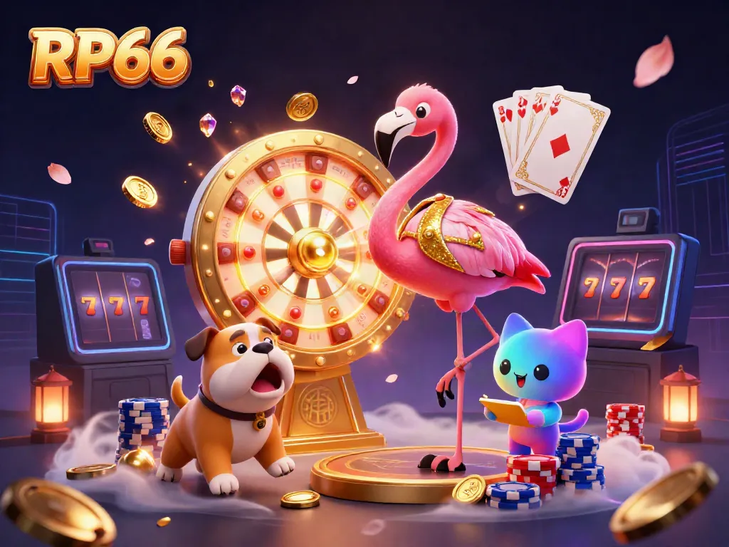 Spin the wheel for prizes at RP66, showcasing vibrant casino elements and animated characters.