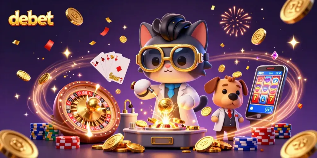 Experience the excitement of debet gaming with this dynamic illustration featuring a mad scientist cat and golden casino elements.