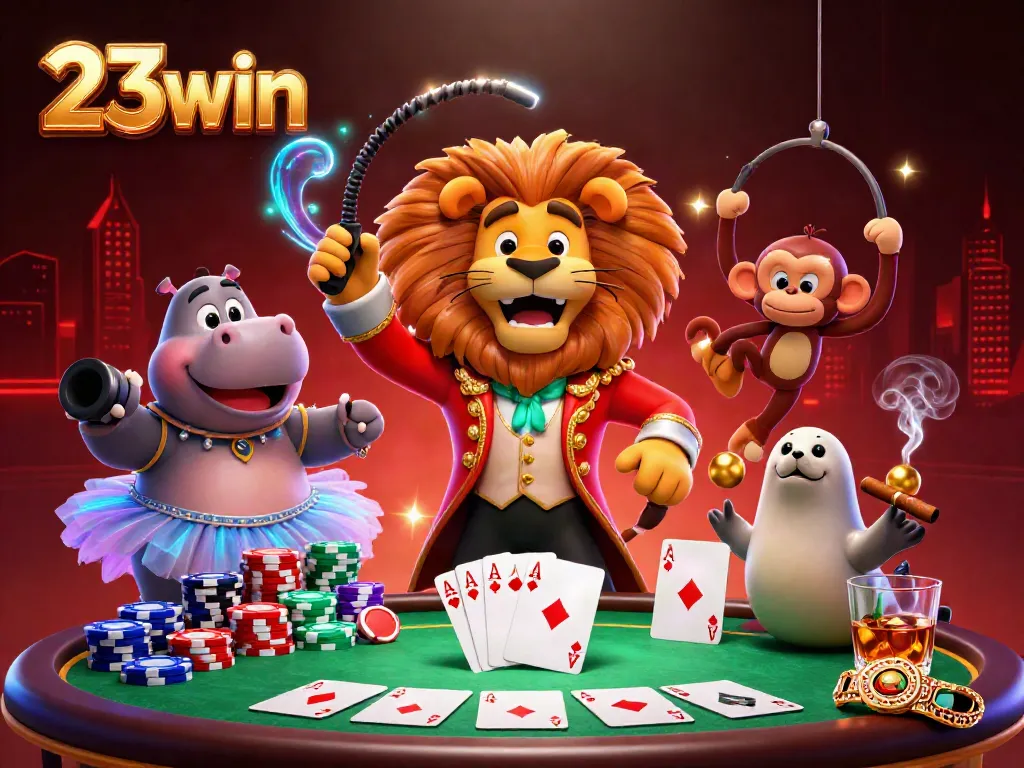 Experience the thrilling action of 23win with colorful characters in a lively casino scene.