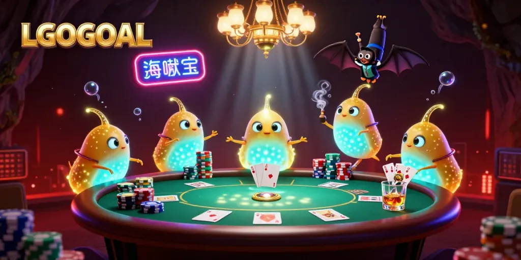 Experience LGOGOAL's vibrant poker scene with glowworms illuminating a dynamic cave casino.