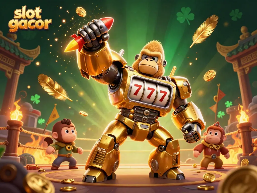 Experience the thrill of slot gacor with a dynamic gorilla mech and vibrant casino elements in play.