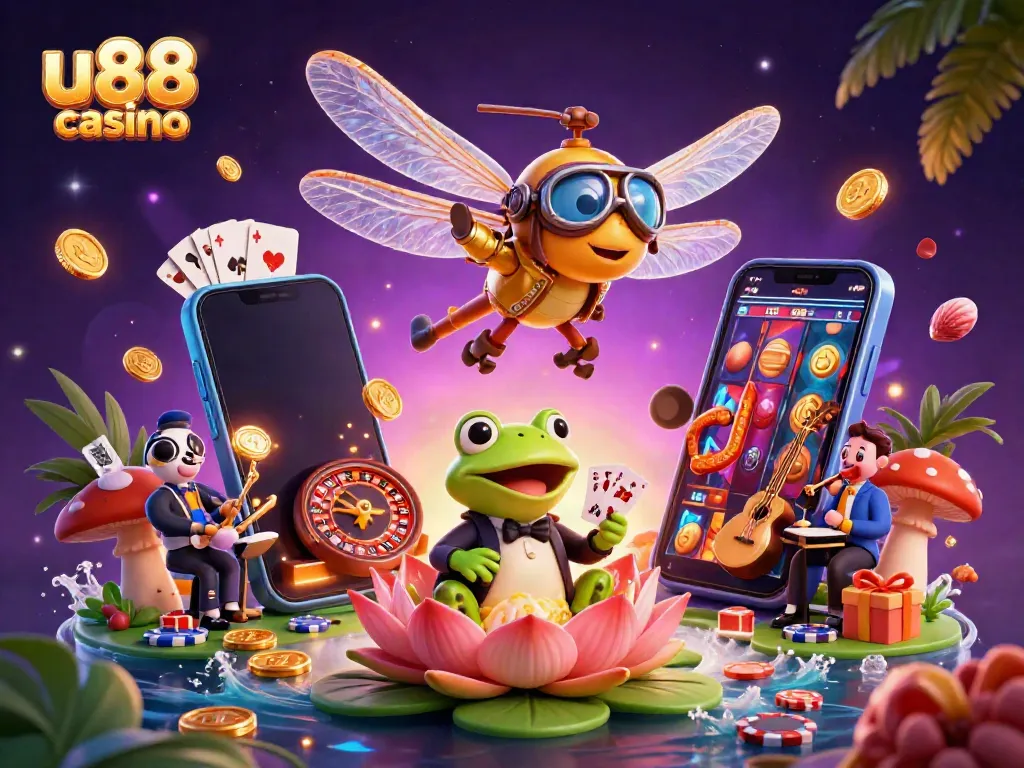 Experience thrilling games at u88 casino with a dragonfly pilot and a frog croupier amidst vibrant gaming action.