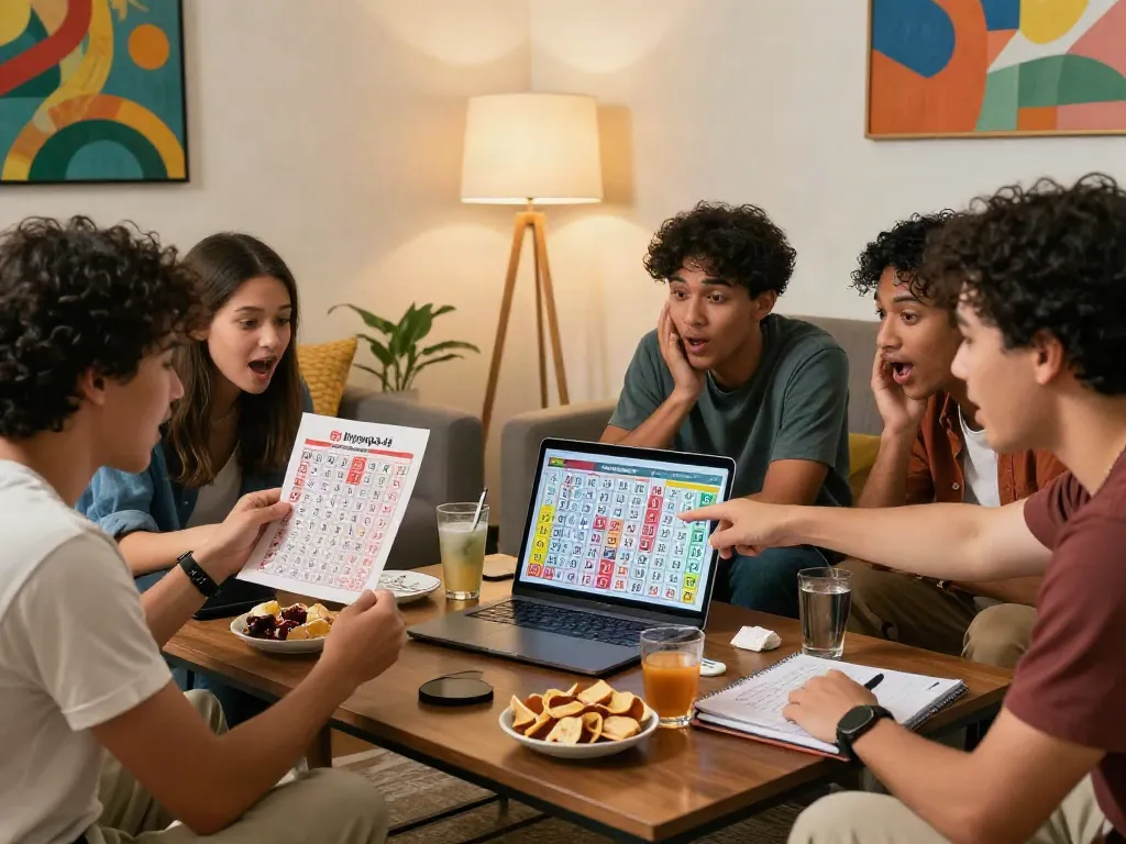 Diverse friends engaging in a lively discussion about nyonya4d lottery tickets and strategies in a cozy living room.