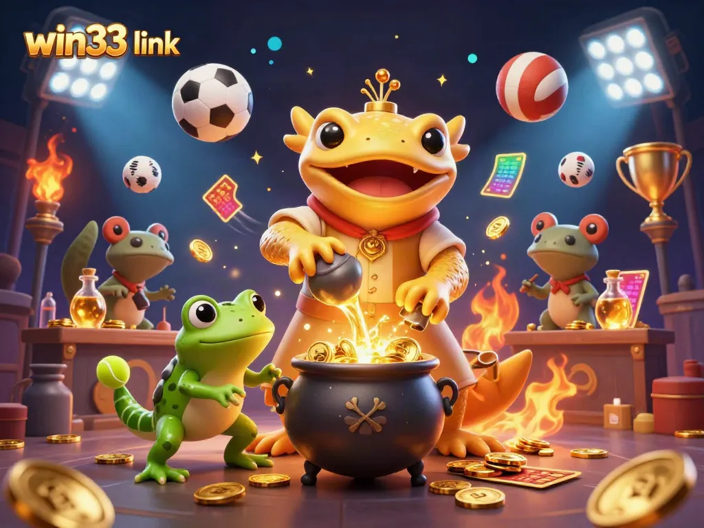 This dynamic scene showcases the win33 link platform with a golden salamander alchemist and vibrant 3D sports elements.