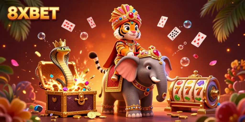 Experience excitement with 8XBET in this vibrant casino-themed illustration featuring dynamic gaming elements.
