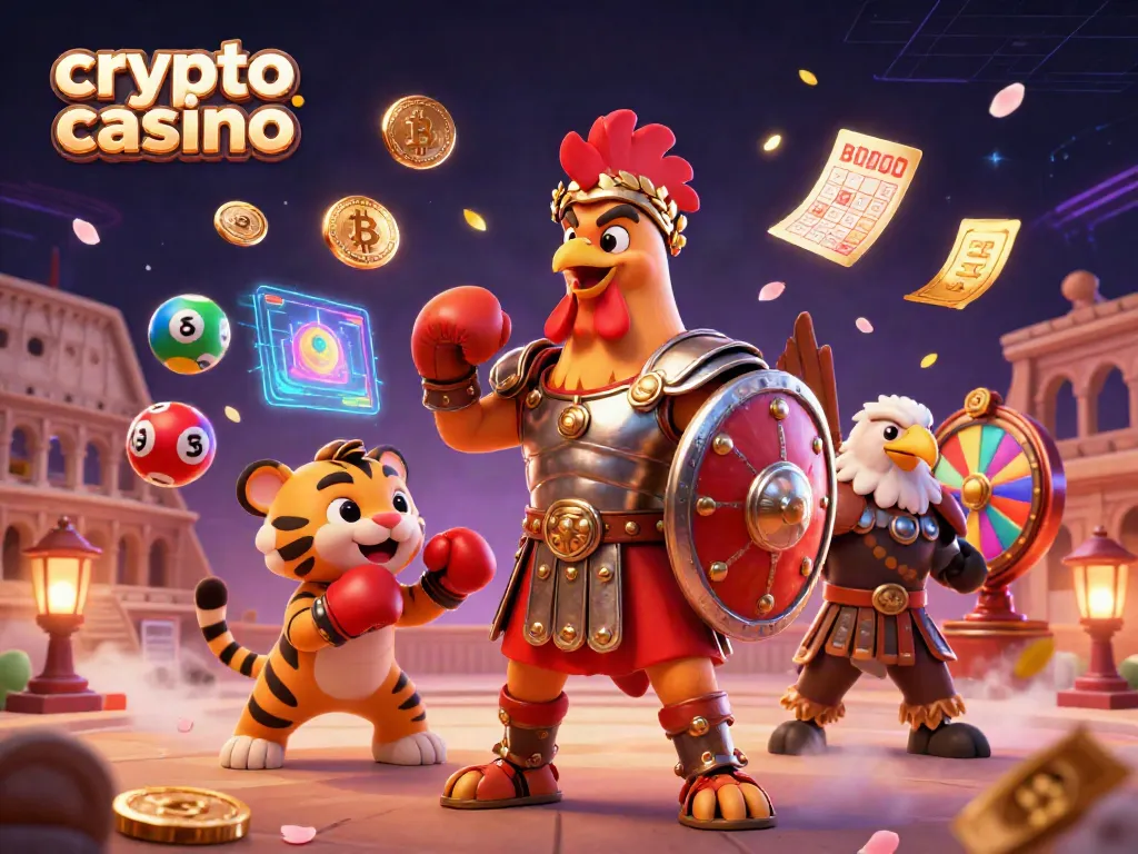 Experience the thrill of crypto casino with an energetic scene featuring a gladiator rooster, tiger cub, and Bitcoin elements.