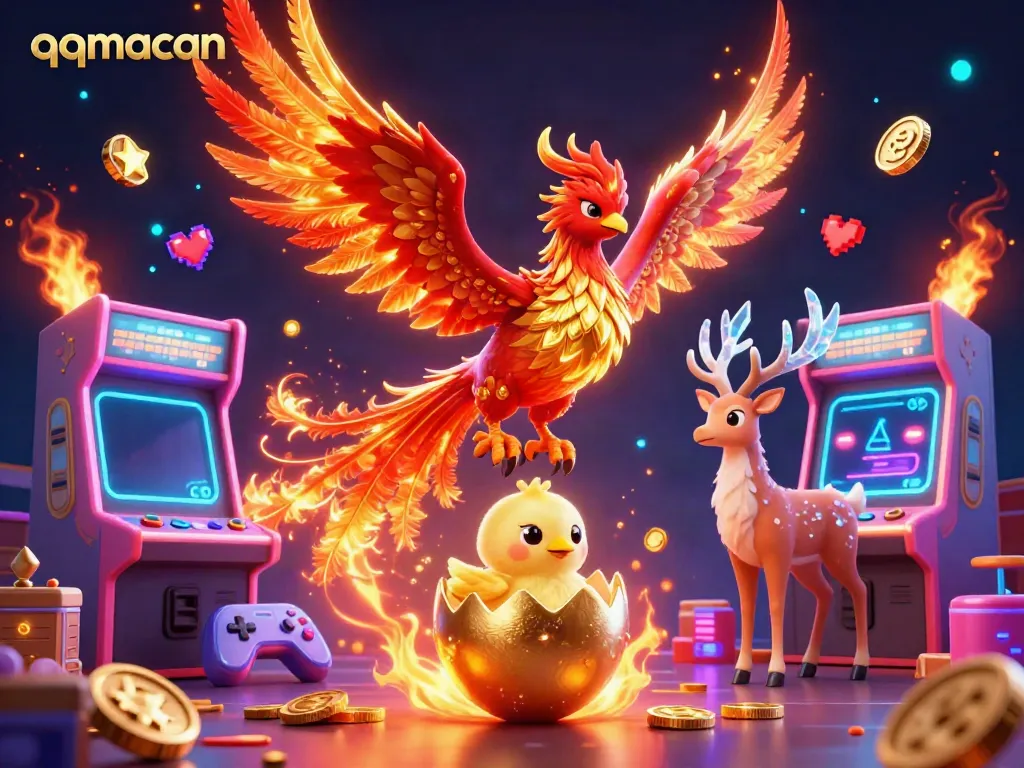 Experience thrilling gameplay with qqmacan's vibrant casino-themed illustration featuring a phoenix and game machines.