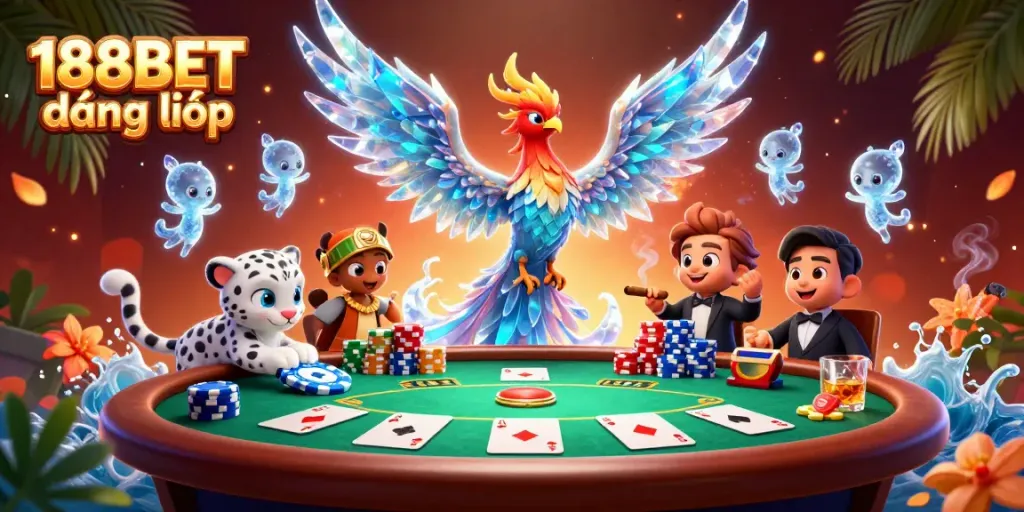 Experience the vibrant world of 188BET đăng nhập with an enchanting ice phoenix and poker elements.