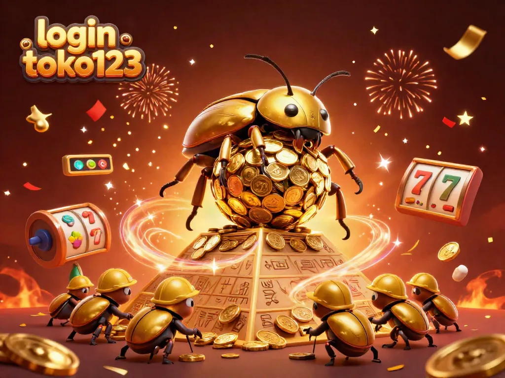 Login Toko123 with a golden dung beetle rolling coins symbolizes winning strategies in online slots.