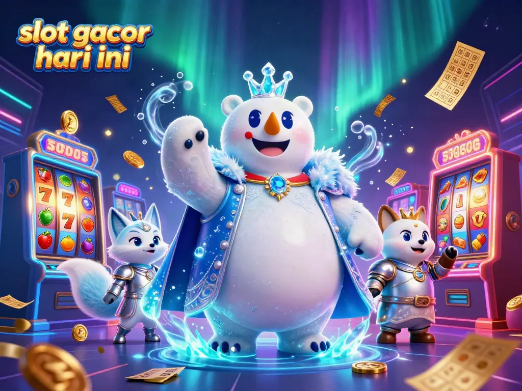 Engage in slot gacor hari ini excitement with a dynamic scene of polar bear and snow fox amidst colorful casino elements.
