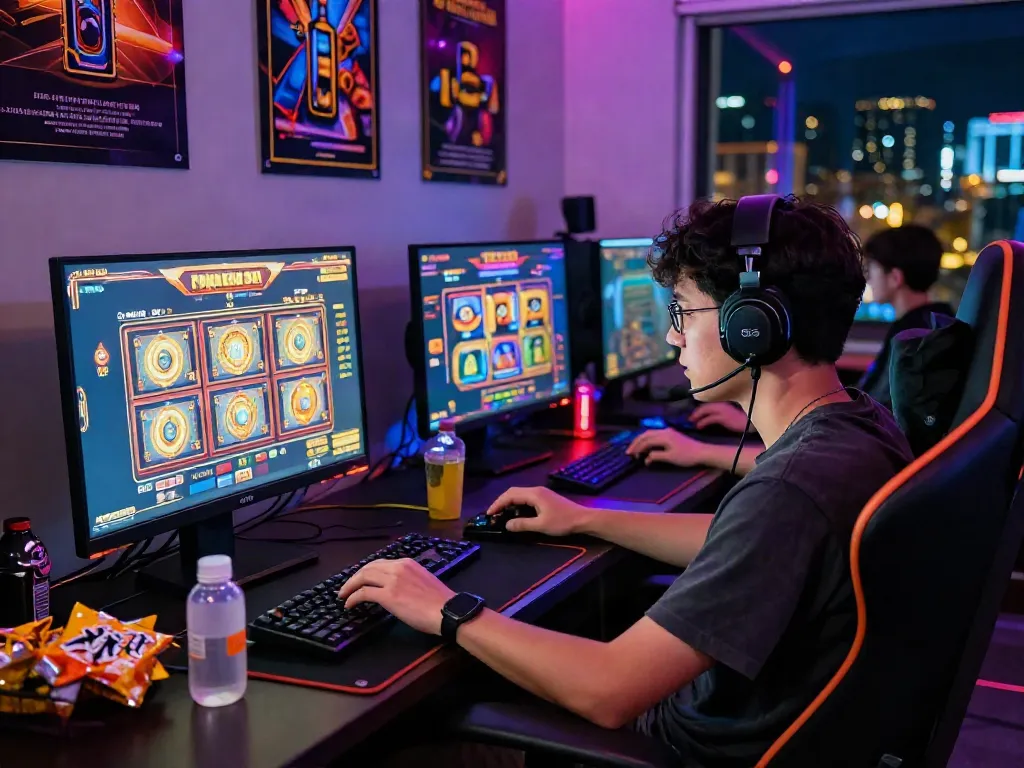Player enjoying online slot gacor hari ini in vibrant gaming setup with LED lights.