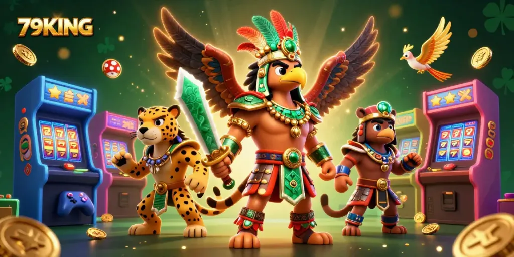 Engage in winning strategies at 79KING with Aztec warriors amidst vibrant casino elements.