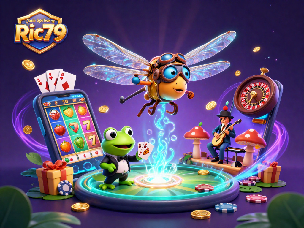Experience the thrilling world of Chính sách bảo mật Ric79 as a dragonfly pilot hovers over a lily pad casino.