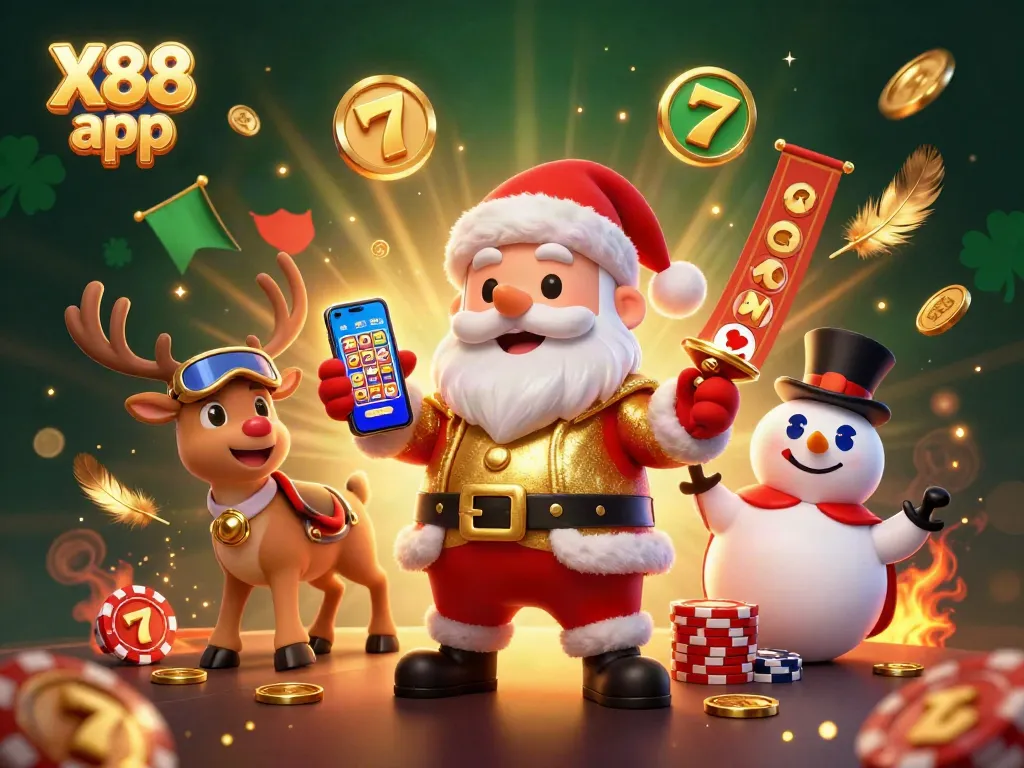 Join the fun with the X88 app featuring Santa, his reindeer dealer, and poker chip snowman in a casino scene.