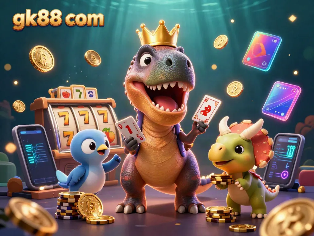 Gamble your way with gk88 com through a dynamic casino scene featuring cartoon dinosaurs and vibrant game elements.
