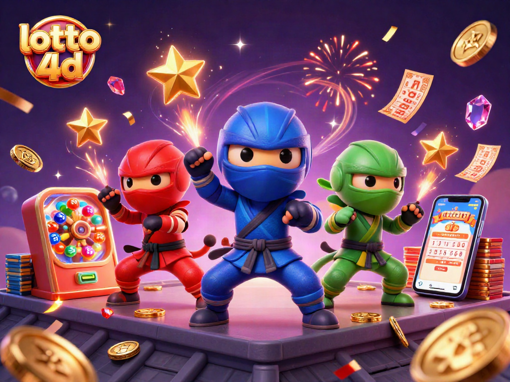 Engaging lotto 4d scene with ninja chameleons, prize elements, and festive fireworks.