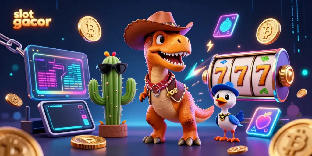 Slot gacor menampilkan dinosaurus cowboy kartun di kasino, dikelilingi simbol permainan dan koin kripto.