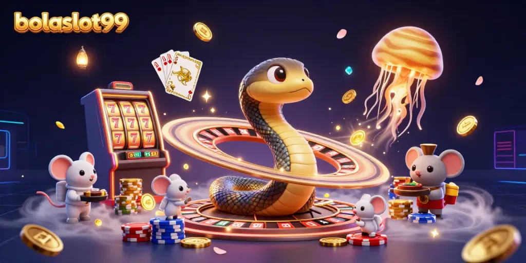 Bettors engage with bolaslot99's interactive slot machine while cosmic characters animate the game atmosphere.