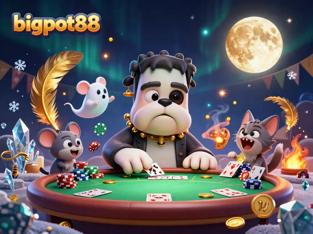 bigpot88 menampilkan bulldog Frankenstein dan kucing werewolf bermain kartu di kasino.