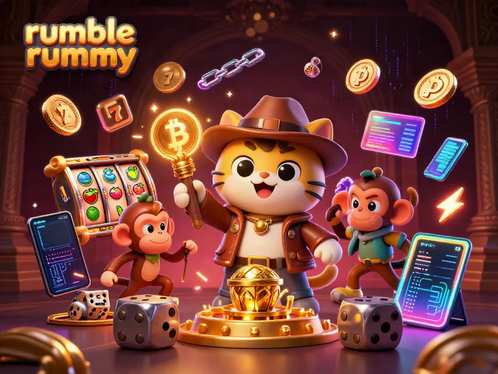 Engage in the thrill of rumble rummy with a vibrant scene showcasing a cat explorer and monkey in a dynamic casino setting.