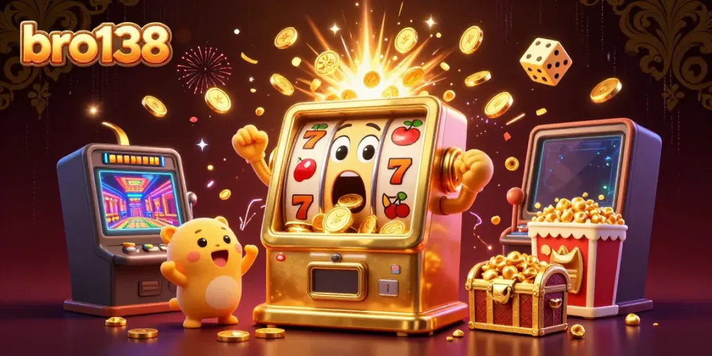 Experience vibrant casino excitement with bro138, as golden slot machines celebrate jackpots amidst flying coins and symbols.