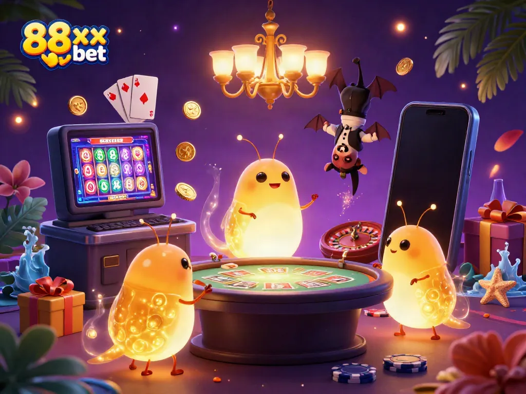 Experience 88xx bet with vibrant glowworms lighting up a fantasy casino scene.