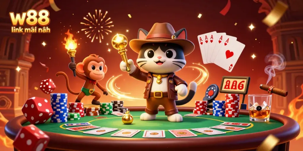 Explore the exciting w88 link mới nhất with a cartoon cat archaeologist discovering golden casino artifacts.