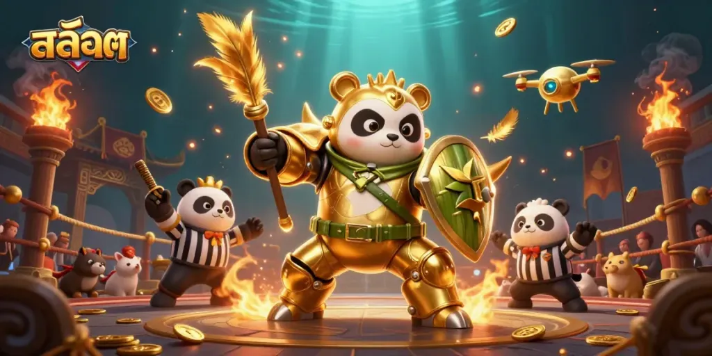 Engaging illustration of สล็อต gameplay featuring a golden panda in a mech-suit robot amidst an exciting casino arena.