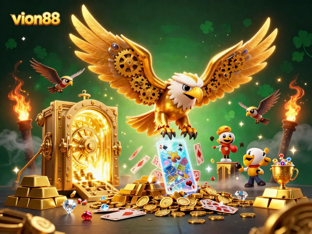 Experience thrilling gameplay at vion88 with a stunning 3D illustration showcasing excitement and treasures.
